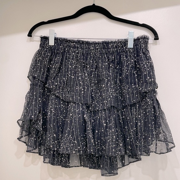 LoveShackFancy tiered ruffle navy mini skirt with star print sz L - Picture 1 of 2